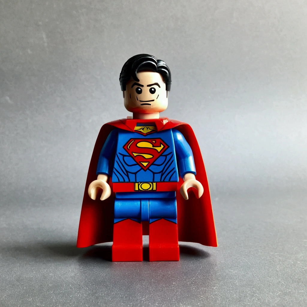 A photo of a lego like Superman toy, plastic, mini