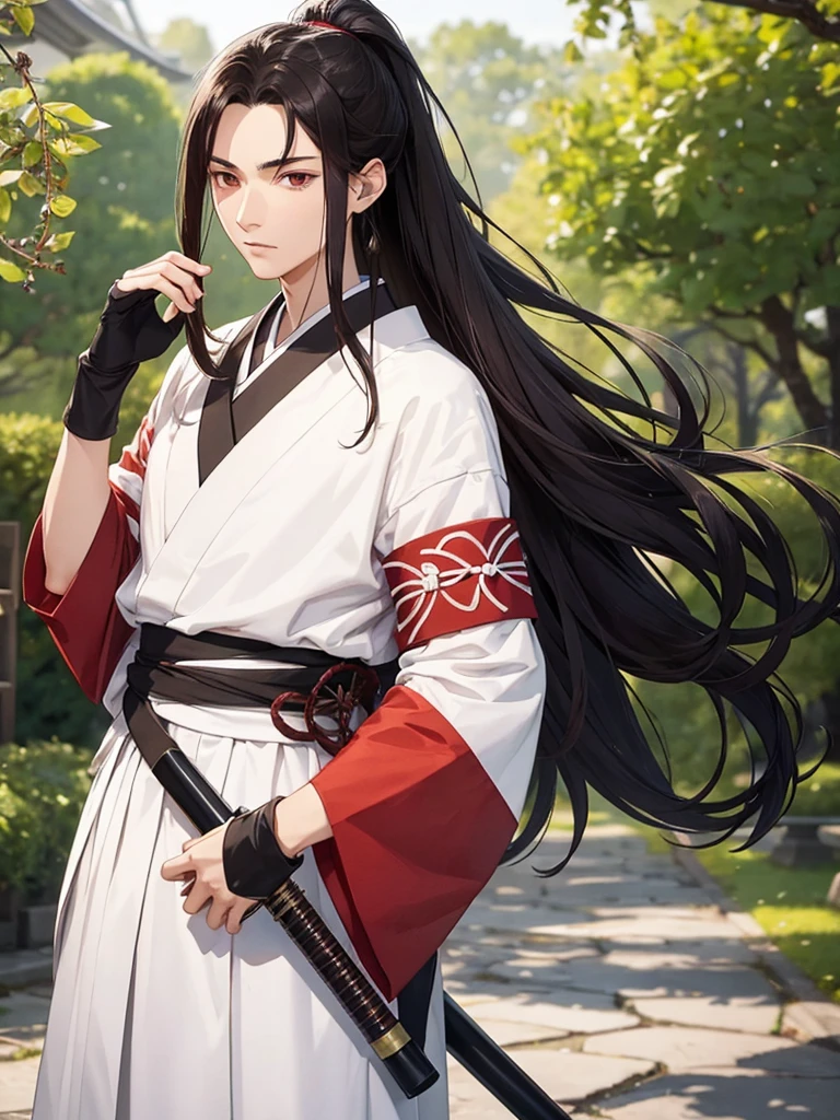 Demon slayer. A 19 year old man with long, thick, brown hair in a half pony tail. The hair is down to his waist and he has red eyes. Also, he wears a plain white haori. Taisho era Japan. Holding an instrument called The Koto. Wisteria trees. Black gloves. Very pale skin. Sleeping on Tengen Uzui's chest.