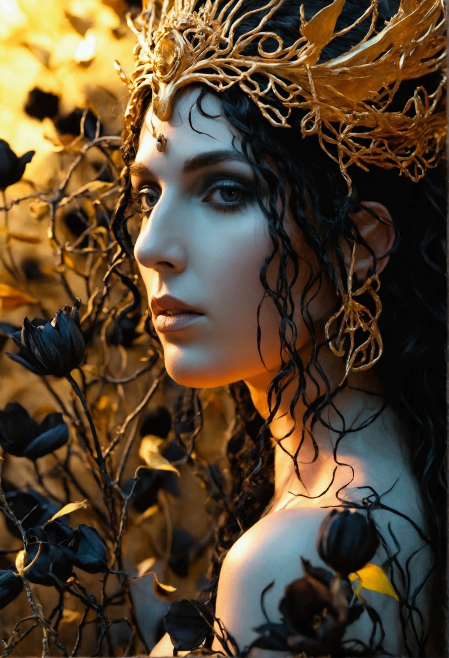 Goddess Hekate nude surrounded by black petals