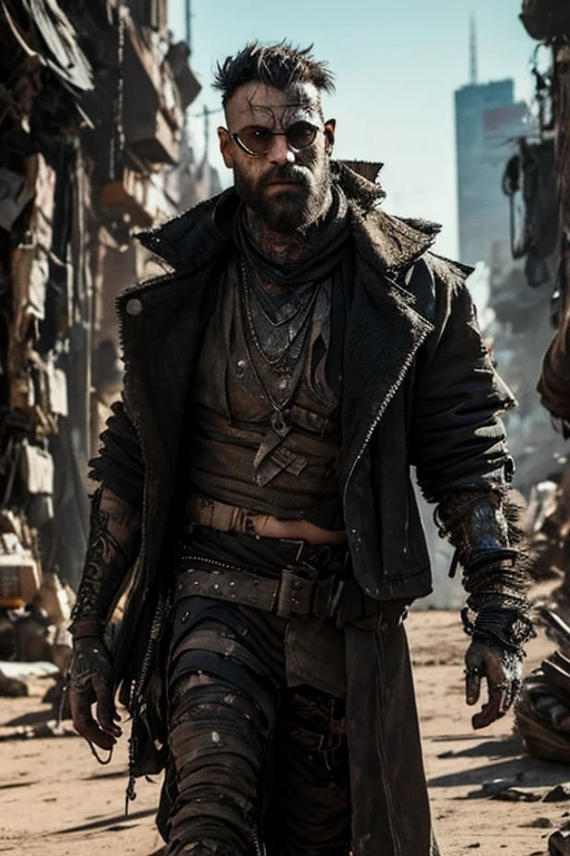 Cyberpunk, Scavenger, man, dressed in rags, tattoos, slaver, bandit, scar over one eye, dangerous, hodgepodge armor