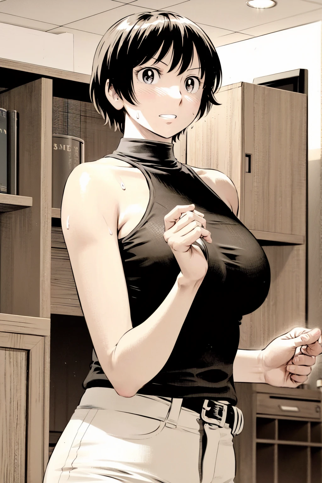 、(masterpiece、Highest quality)、Highest quality, Ultra-high resolution, (((masterpiece))), alone, Sweat、Big eyes,Tight black shirt、Tight white pants、belt、indoor、Composition from the front、(後ろCut your hair short、short hair、blonde、woman)、Shortcuts、Embarrassed face、Cut your hair short、可愛いwomanの子、Big Breasts、office