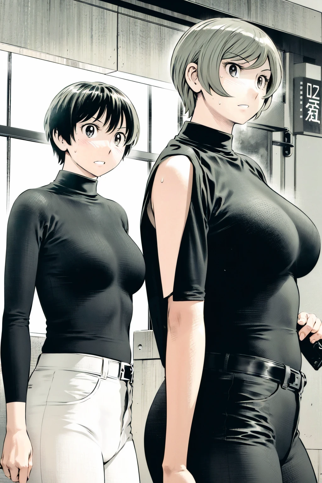 、(masterpiece、Highest quality)、Highest quality, Ultra-high resolution, (((masterpiece))), alone, Sweat、Big eyes,Tight black shirt、Tight white pants、belt、indoor、Composition from the front、(後ろCut your hair short、short hair、blonde、woman)、Shortcuts、Embarrassed face、Cut your hair short、可愛いwomanの子、Big Breasts、office