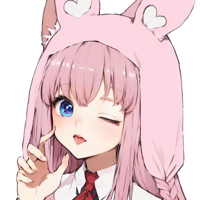 cute anime girl with pink hair and ears wearing a tie, blue eyes, anime moe artstyle, girl with blue eyes, sticking her tongue out, cute anime face, anime girl with cat ears, shikamimi, nyaruko-san, extremely cute anime girl face, anime girl with blur eyes,cute anime catgirl, shirabii, in an anime style, cute natural anime face, ig studios anime style, with index finger, cute anime girl portraits, best quality, girl with blue eyes