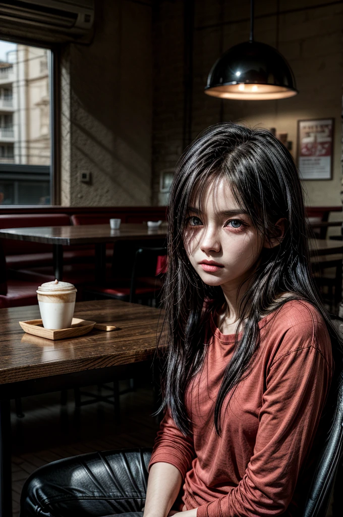 1 girl, red shirt, black pants, cafe table, sunrise, black hair, straight hair, blue eyes, solo, sitting on chair, looking at viewer, dramatic lighting, coffee on table+