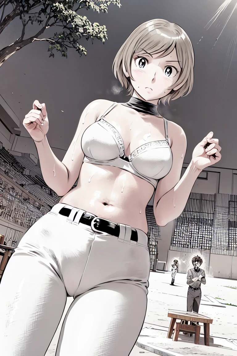 (Baseball uniforms:1.2),
blonde, (short hair:1.2),White trousers、Black belt、((Illustration of people))、Tube top bra、
View your viewers,, (Highest quality:1.3), White pants、Outdoor、baseball ground、ground、soil、blue eyeasterpiece、Highest quality)、Highest quality, Ultra-high resolution, (((masterpiece))), alone, Sweat、Big eyes、Large breasts、Torn clothes、 Fully exposed、Nipples、One Girl, Front view、Embarrassed face、Bronze colored hair、((short hair))、Stand up straight、Cowboy Shot