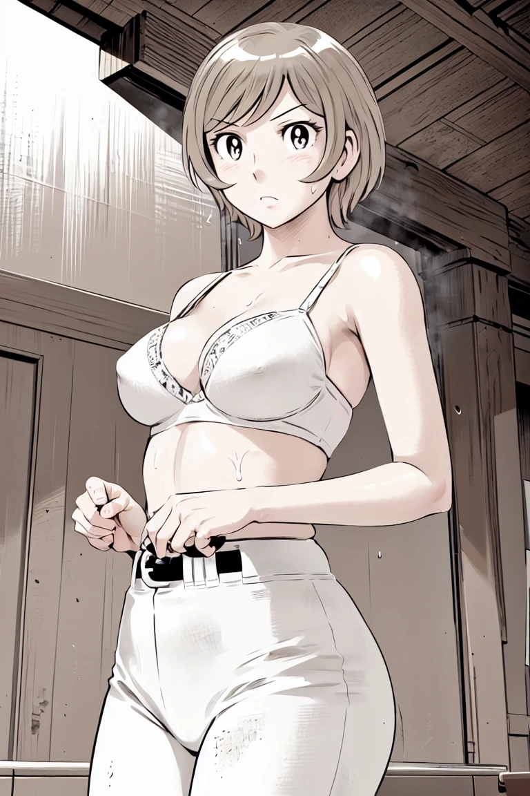 (Baseball uniforms:1.2),
blonde, (short hair:1.2),White trousers、Black belt、((Illustration of people))、Tube top bra、
View your viewers,, (Highest quality:1.3), White pants、Outdoor、baseball ground、ground、soil、blue eyeasterpiece、Highest quality)、Highest quality, Ultra-high resolution, (((masterpiece))), alone, Sweat、Big eyes、Large breasts、Torn clothes、 Fully exposed、Nipples、One Girl, Front view、Embarrassed face、Bronze colored hair、((short hair))、Stand up straight、Cowboy Shot