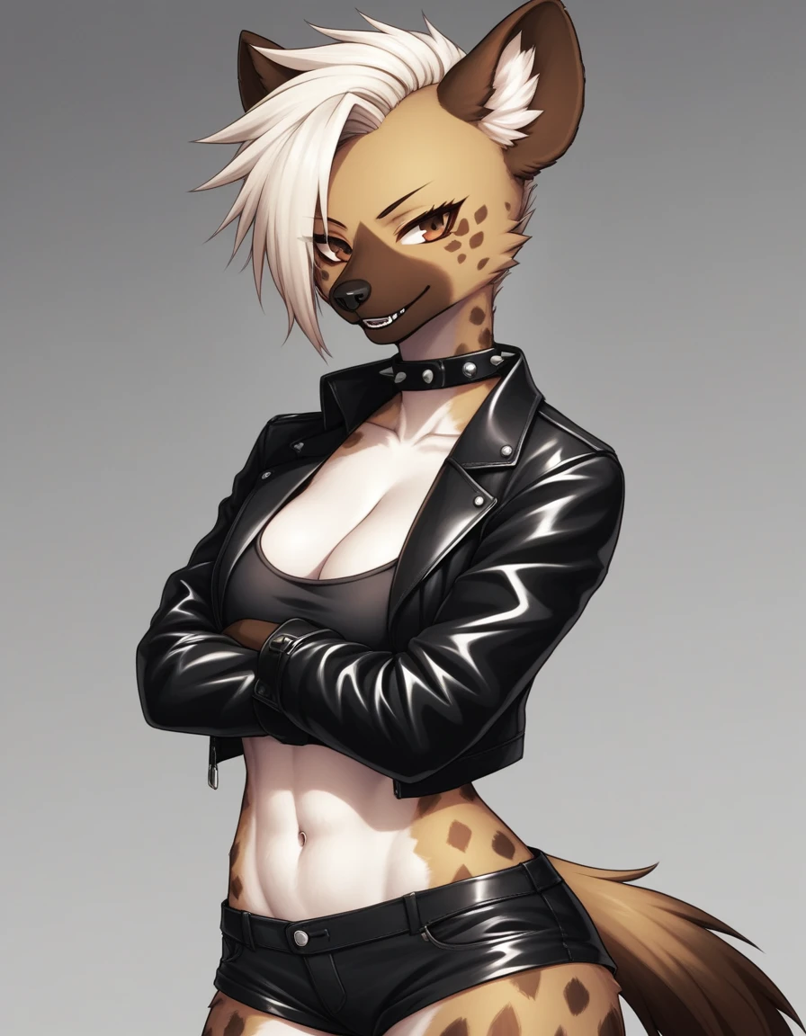 Solo, score_9, score_8, score_7, kemono style, a tall female spotted hyena, brown snout, black nose, brown eyes, short spiked undercut platinum blonde hair, black lips, hyena tail, brown hyena ears, wearing black leather jacket, black crop top, black short shorts, arms crossed, spiked collar, soft smile, abstract grey background