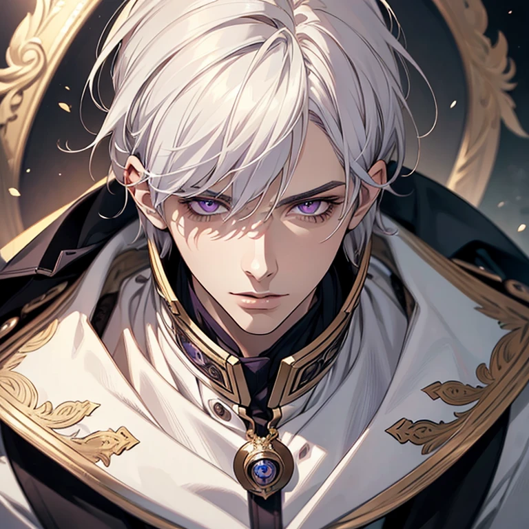 "(best quality,ultra-detailed,realistic:1.37),Medium,portrait,purple eyes,white hair,Man with medium hair,Fine painting style,Detailed facial features,attractive male appearance"