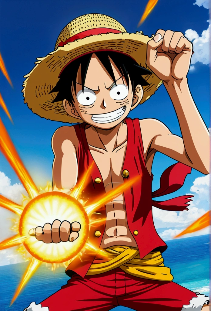 In the arts, [[Monkey D. Luffy]] 『one piece』Than、Depicted in an energetic fighting pose, prontos para partir [[Gomurubber pistol]] attack. Luffy is smiling confidently, His unmistakable [[Straw hat]] On your head. The characteristics of this setting are [[Overseas]] with [[sunny]], symbolizing Luffy's tireless quest and indomitable spirit. The colors should be bright and vivid, reflecting Luffy's unwavering passion, energy and determination.