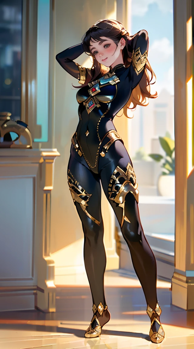 (((full body photo)))  (Realistic:1.3), (Fine Detail), Quality, (Masterpiece:1.2), (Realistic:1.2), (Best Quality), (Detailed Skin:1.3), (Intricate Detail), Ray Tracing, 1 Girl, 21 years old, Irish cute girl, (Hands behind head: 1.3), Full Body Portrait,, Pearlescent yoga pants:1.5, Camel toes: 1.5, (Body painting: 1.1)