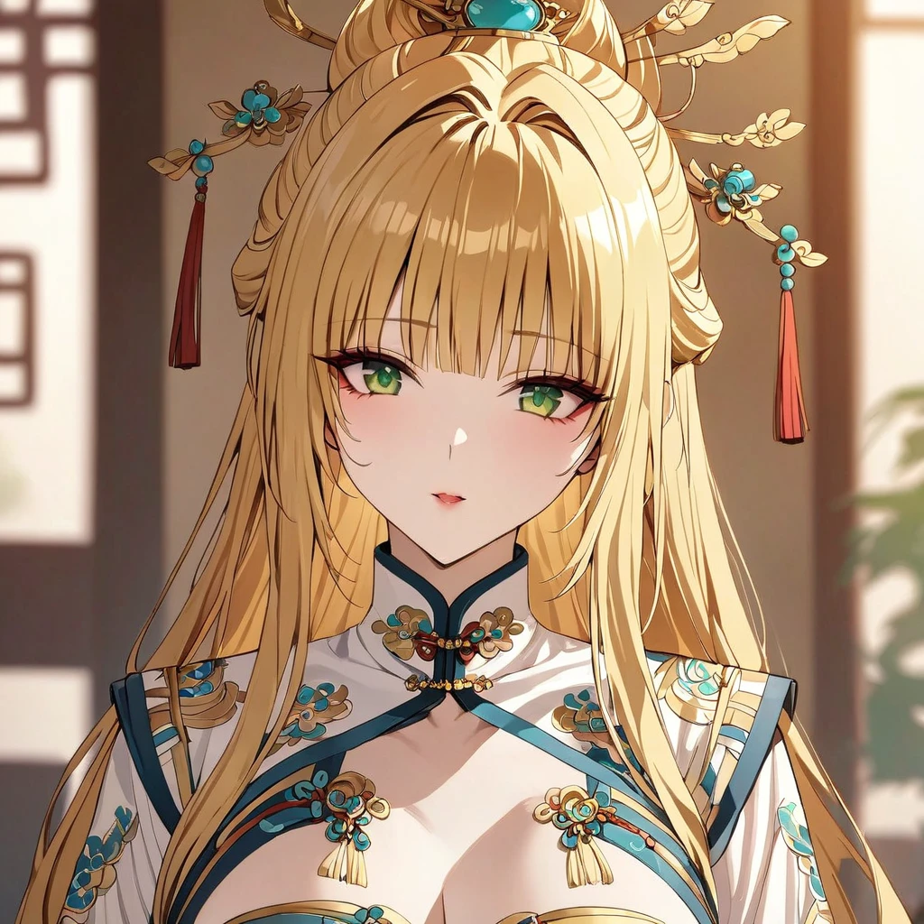 ((Highest quality)), ((masterpiece)), (detailed), (Perfect Face)、The woman is a Tieryu with green eyes, medium-long blonde hair, and is wearing a gorgeous ancient Chinese court costume embroidered with gold and red, with a gorgeous hair ornament.、The woman was an empress of ancient China.