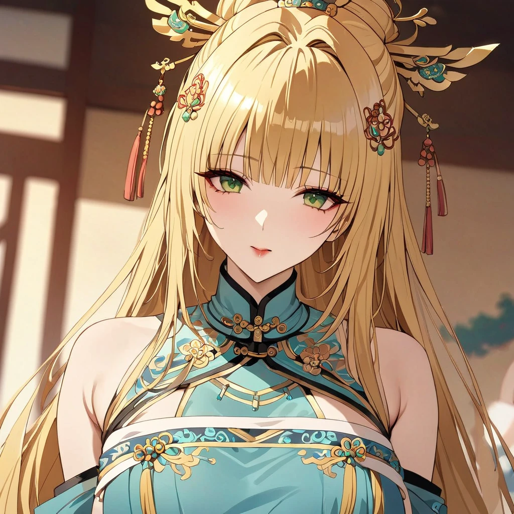 ((Highest quality)), ((masterpiece)), (detailed), （Perfect Face）、The woman is a Tieryu with green eyes, medium-long blonde hair, and is wearing a gorgeous ancient Chinese court costume embroidered with gold and red, with a gorgeous hair ornament.、The woman was an empress of ancient China.