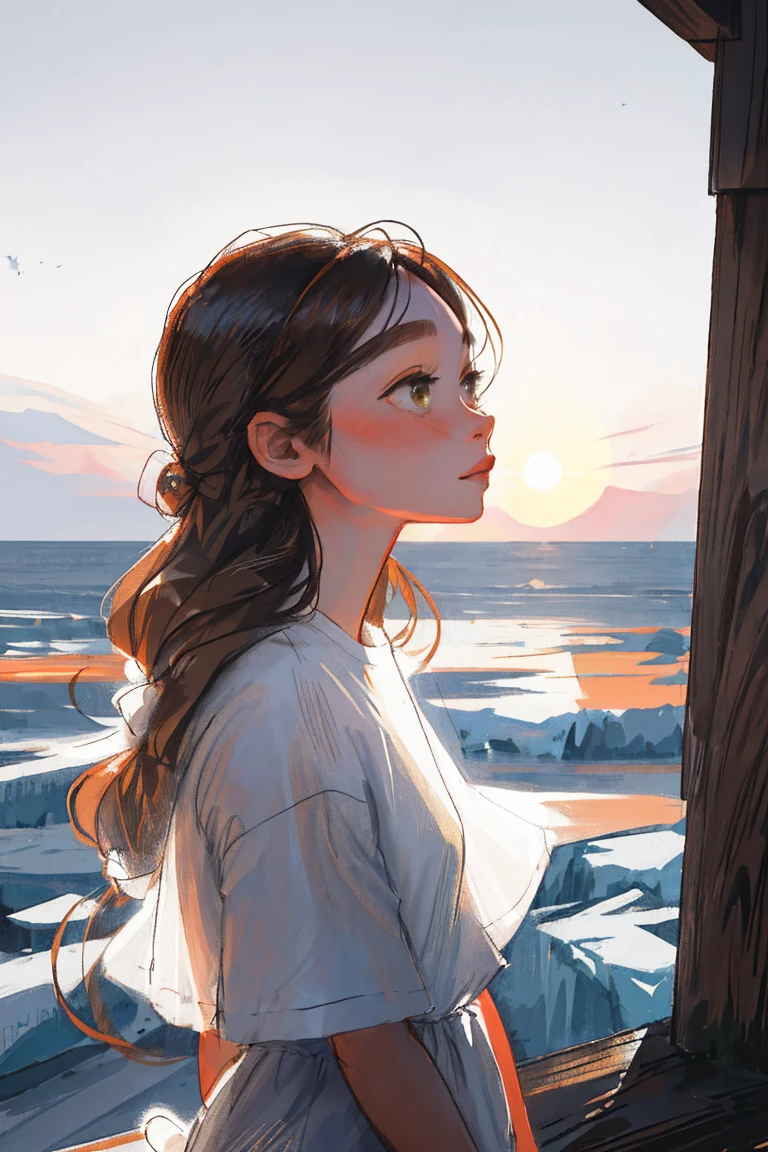 One Girl, Brown eyes, Brown Hair, Midsummer,Light of the sun,iceクリーム, Long-tailed , look up, Long Hair, profile, ice, Short sleeve,alone, ((masterpiece