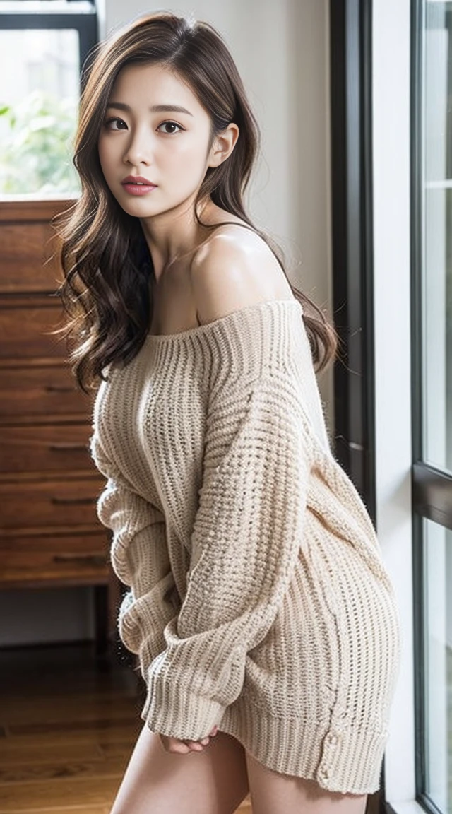 Dark brown hair、Light brown eyes、Japanese actress、 Lady、I am about 40 years old.....、(Intricate details:1.2)、(Which is the top?????:1.4)、 (Ultra-high resolution:1.2)、Ultra-high resolution、(Finely tuned)、(Detailed facial features)、Hmph、8K resolution、D cup size breasts、Long Hair、Bright bathroom with sunlight shining in、Large windows、Extravagant space、relax、、,Full body photo、Head to toe shot、Beautiful feet、red Off-the-shoulder knit、Beautiful feet、A refreshing room filled with sunlight、she, household items, (plant:0.8), Fashion Hub, Attention to detail, Very detailed, Realistic, Hourglass Shaped Body, Obscene pose,、、私 cry a lot、tears、person on the left、White wall、White floor、diagonally from below、please lift your chin、Put your butt against the wall、be half-hearted、Shooting from the side、summer、