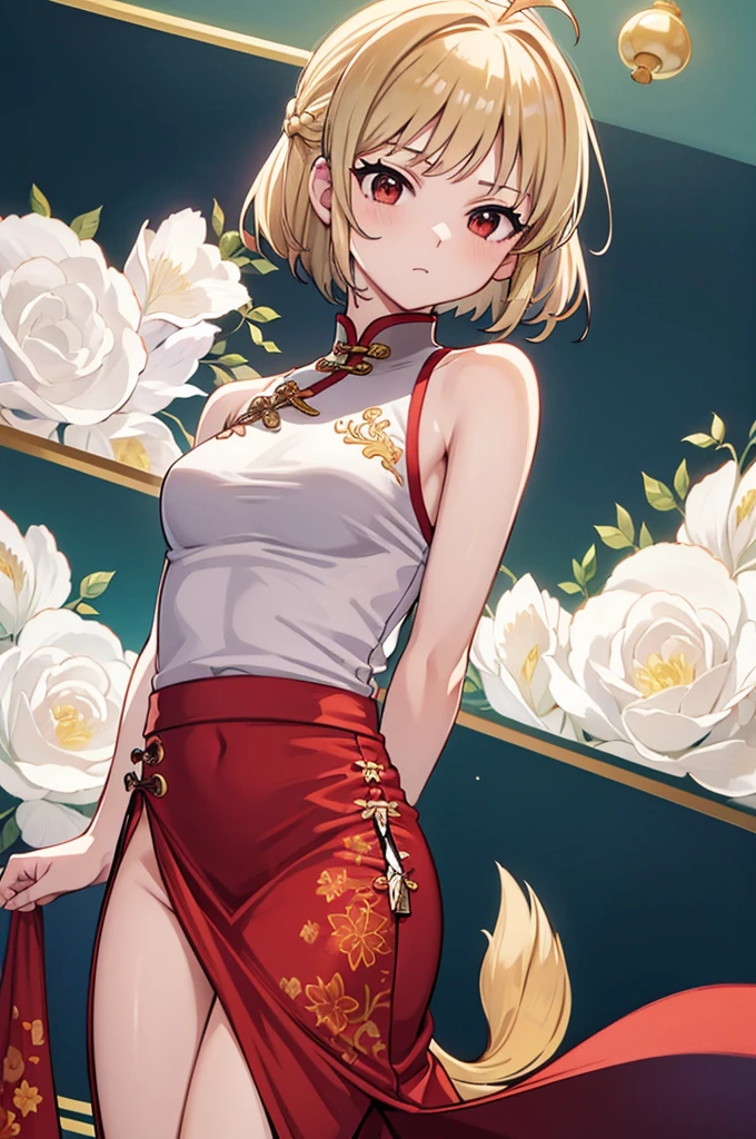 arcueid brunestud, 1girl, solo, breasts, looking at viewer, short hair, bangs, blonde hair, simple background, red eyes, white background, dress, bare shoulders, medium breasts, closed mouth, thighs, sleeveless, alternate costume, white dress, bare arms, sleeveless dress, chinese clothes, hair intakes, floral print, antenna hair, china dress, pelvic curtain, side slit, leaf print