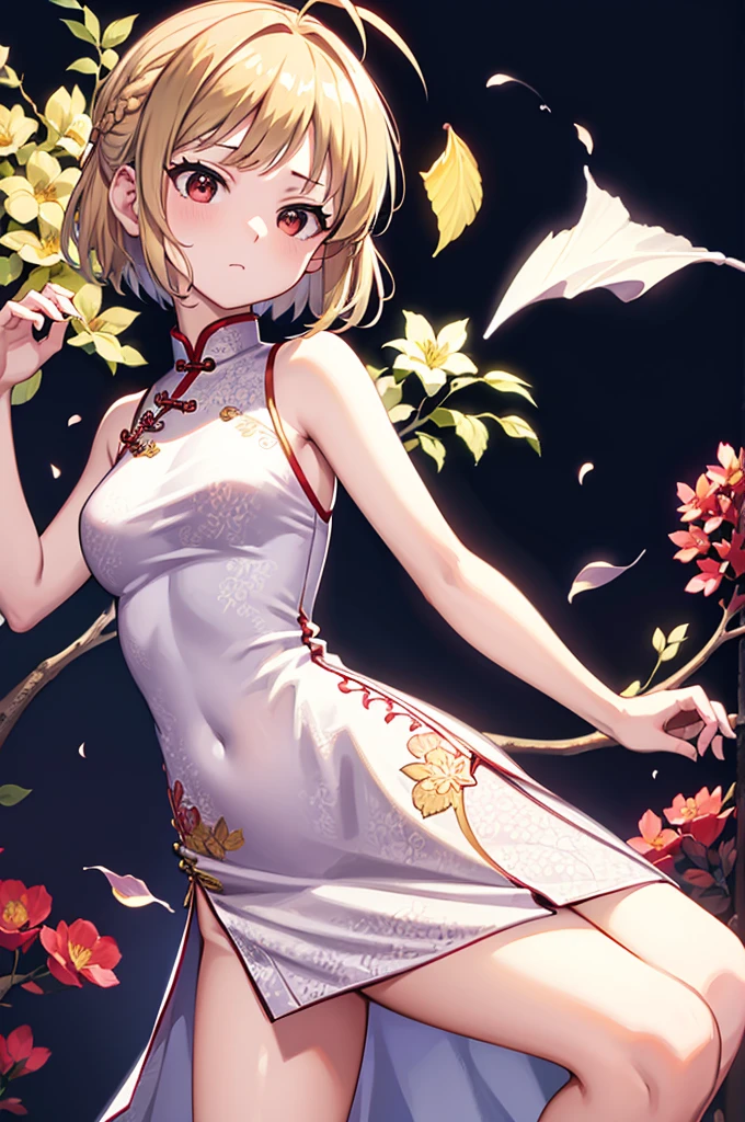 arcueid brunestud, 1girl, solo, breasts, looking at viewer, short hair, bangs, blonde hair, simple background, red eyes, white background, dress, bare shoulders, medium breasts, closed mouth, thighs, sleeveless, alternate costume, white dress, bare arms, sleeveless dress, chinese clothes, hair intakes, floral print, antenna hair, china dress, pelvic curtain, side slit, leaf print