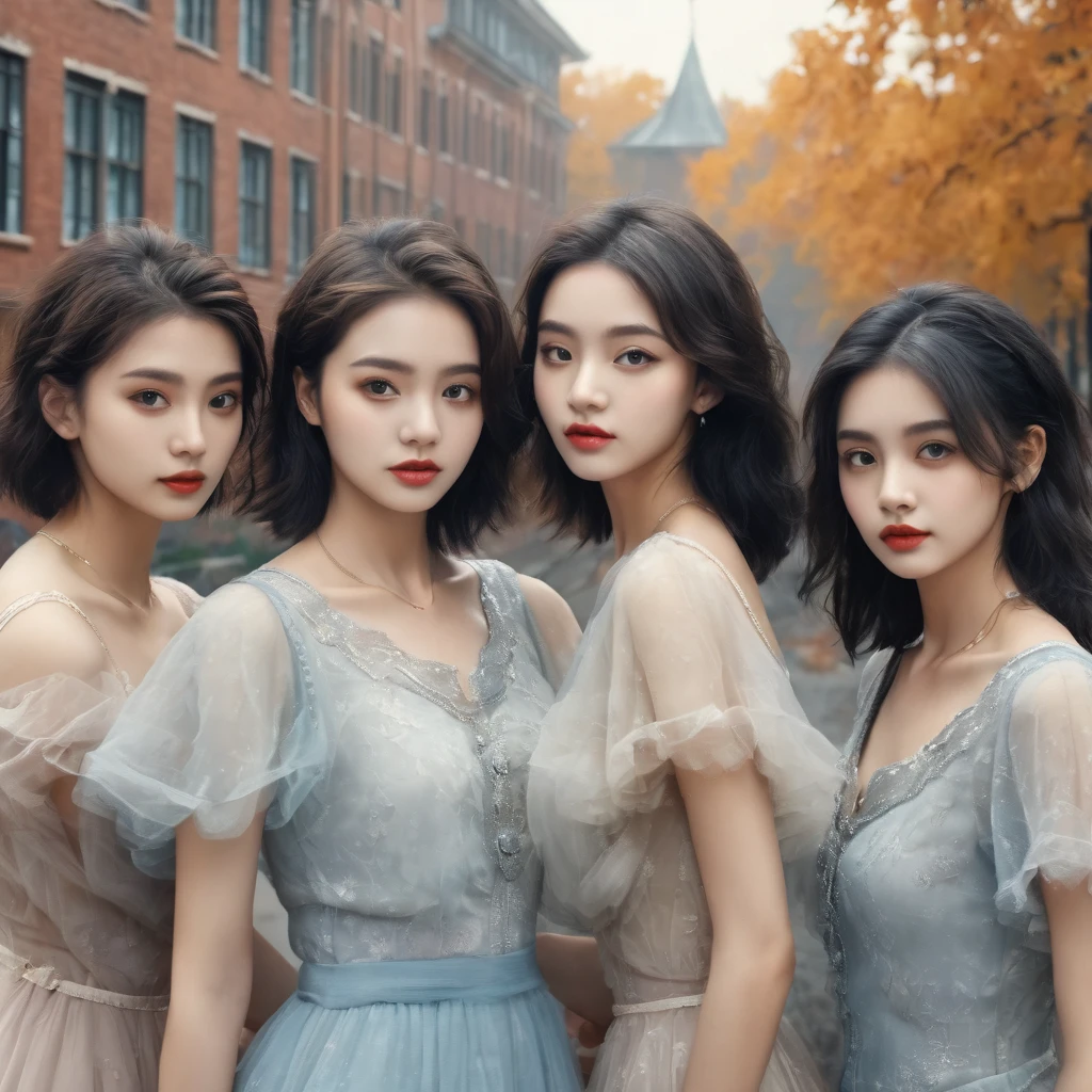 (best quality, 4k, Masterpiece, ultra detailed, hyperrealism), (((3 young girls from the city, very striking))), ((beauties, very beautiful, dressed for the end of the school year party)), (makeup, hair loose, short, excellent hairstyles), dry trees, halloween, fog,