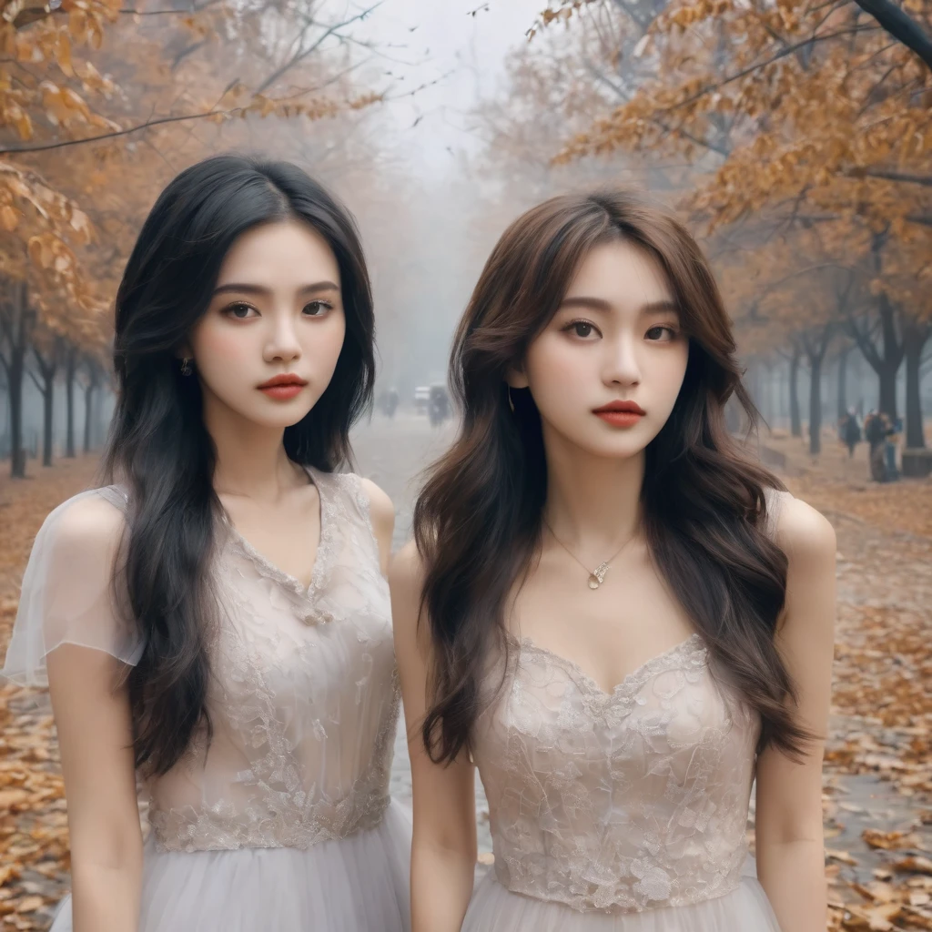 (best quality, 4k, Masterpiece, ultra detailed, hyperrealism), (((3 young girls from the city, very striking))), ((beauties, very beautiful, dressed for the end of the school year party)), (makeup, hair loose, short, excellent hairstyles), dry trees, halloween, fog,