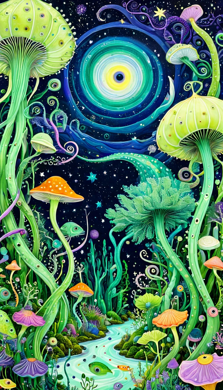 "Dick Ellescas Artist Style",Forest in summer,Starry Sky、粉色美人fish、fish、Tentacles、bird、Eye、diatom、Spiral Trail,Stitching together an abstract painting,Describing the inner world of autistic people,Sense of space,White Space,interesting,Innocence,Psychedelic Art,Green Theme,Bold contrasts,purples and greens