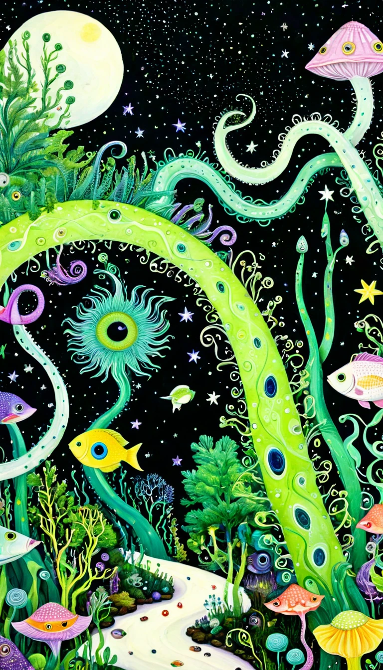 &quot;Dick Ellescas Artist Style&quot;,Forest in summer，Starry Sky、粉色美人fish、fish、Tentacles、bird、Eye、diatom、Spiral Trail，Stitching together an abstract painting，Describing the inner world of autistic people，Sense of space，White Space，interesting，Innocence，Psychedelic Art，Green Theme，Bold contrasts，purples and greens