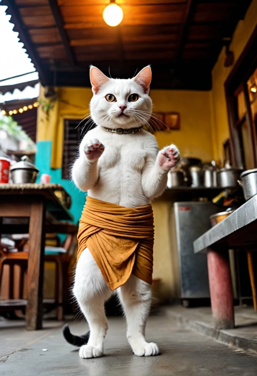 photo, The cutest click bait monster on earth, cat,、Krishna, walking on two legs, with wide, kind eyes, wearing a loincloth, like Puss in Boots,Behind the restaurant kitchen、