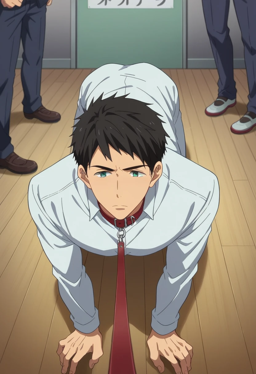 score_9, score_8_wonderful, score_7_wonderful, sauce_anime,free!,Sousuke,Male Focus,1 male,No pants,Red tie，Auction,Long sleeve white shirt,On all fours,Place your hands on the floor,penis,Leash color,View your audience,Squat,Black Hair,Green Eyes,humiliation,Obedience