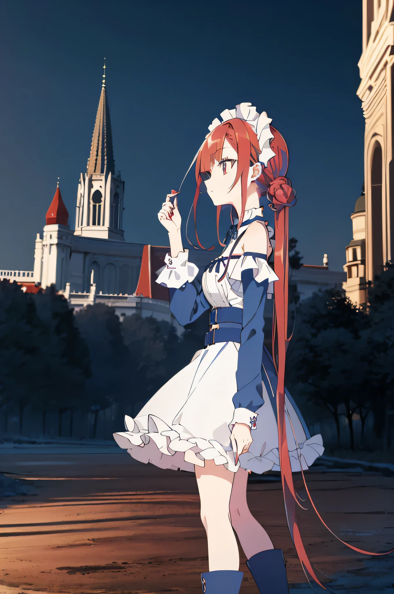 [(cathedral background:1.4)::5],original,(illustration:1.1),(best quality),(masterpiece:1.1),(extremely detailed CG unity 8k wallpaper:1.1), (colorful:0.9),(mid shot:0.95),(full body:1.5),Dynamic angle,(solo:1.2), (girl),((adult)), (detailed beautiful eyes:1.15), (beautiful face:1.15), (glowing red eyes:1.25////),((medium hair)),((split-color hair,red hair,blue hair)),(high twintails),(chignon),(+perfect hand+:1.21),(Draw an illustration of a gothic girl),(Religious),(slender),(is wearing boots on her feet),((is wearing white maid clothes)),(furious), Lace Off-shoulder ta fashion,beautiful slender woman,high twintails,((split-color hair,red hair,blue hair)),((split-color hair,red hair,blue hair)),from side,((split-color hair,red hair,blue hair)),