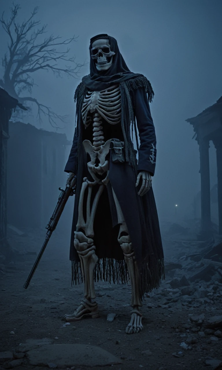 A skeleton wearing a military uniform, standing in a ruined town at night. The scene is shrouded in mist, creating a faint and eerie atmosphere.
