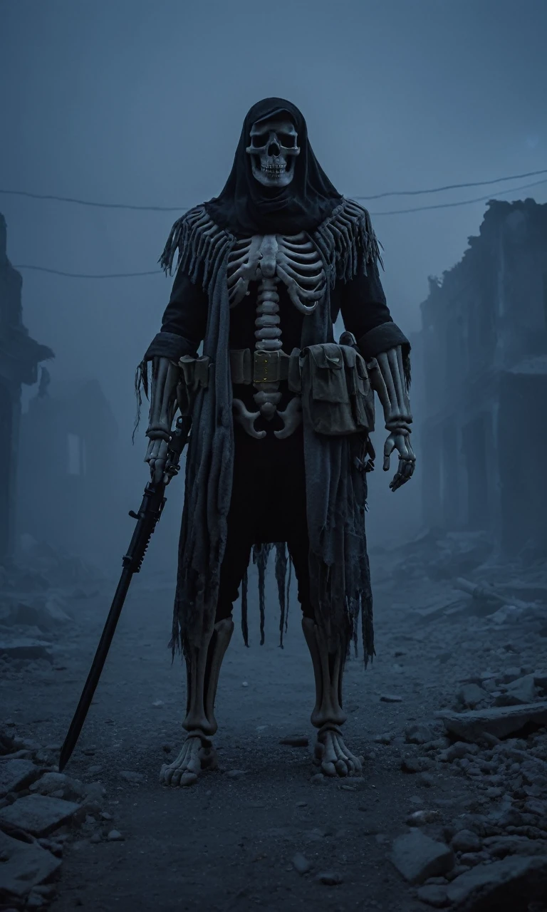 A skeleton wearing a military uniform, standing in a ruined town at night. The scene is shrouded in mist, creating a faint and eerie atmosphere.
