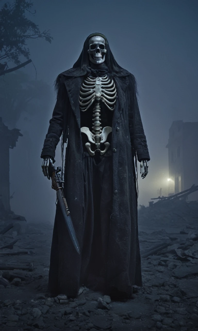 A skeleton wearing a military uniform, standing in a ruined town at night. The scene is shrouded in mist, creating a faint and eerie atmosphere.
