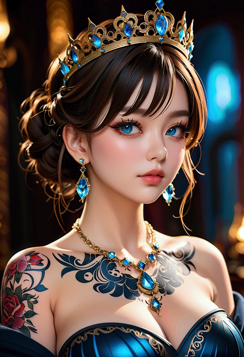 Best image quality，Maximum resolution，8K，20 year old girl，The eyes are very detailed，Large Breasts，Elegance and nobility，Translucent lace，Fair and plump figure，Pretty Face，Glossy Gel Coat，Crystal Gem Crown，Necklace jewelry，blue eyes，((Full body tattoo))，The tattoo is very three-dimensional，Gorgeous and intricate tattoo designs，Sexy body，