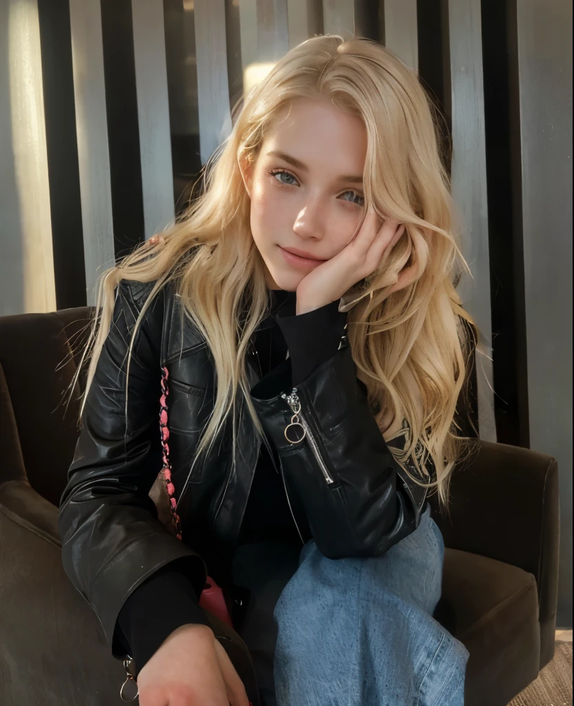 a one woman, americana, age 25, pale skin and freckles, grey-eyed, delicate nose, soft and delicate lips, distant, distant, wavy, waist-length blonde hair, Sweet smile, face with delicate feminine facial features, Highly Rendering, golden bracelet