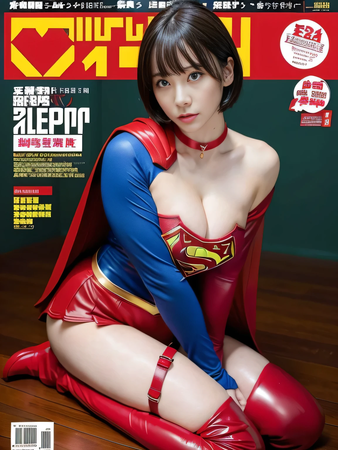 masterpiece、Rubber Supergirl Costume、short hair、Red rubber long boots、Big and ample breasts、looking at the camera、choker、Long sleeve、Cape、mini skirt、Off the shoulder、Sweaty skin、Hospital room、Photo magazine cover、During treatment、Sit down and show off your beautiful legs、Knee-length boots、wallpaper for pc、