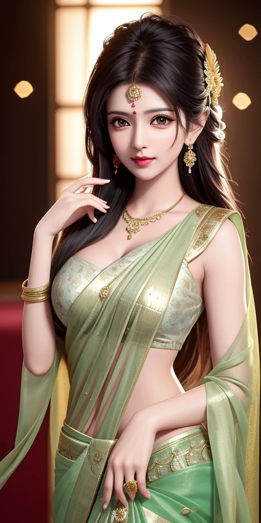 Best Quality, Masterpiece, High Resolution, 1 Girl, indian green saree, Hair Accessories, Necklace, Jewelry, Beautiful Face, Physical, Tyndall Effect, Realistic, Dark Studio, Rim Lighting, Duotone Lighting, (High Detail skin: 1.2), 8k uhd, DSLR, soft light, high quality, volumetric light, full body capture, high resolution, 4k, 8k, bokeh