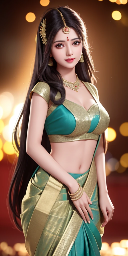 Portrait of women sexy wearing saree, 35 year old, perfect Indian woman, long stylish hair, wet hair, seductive, big breasts and cleavage, Beautiful face,upon_body, tyndall effect,photorealistic, dark studio, rim lighting, two tone lighting,(high detailed skin:1.2), 8k uhd, dslr, soft lighting, high quality, volumetric lighting, candid, Photograph, high resolution, 4k, 8k, Bokeh