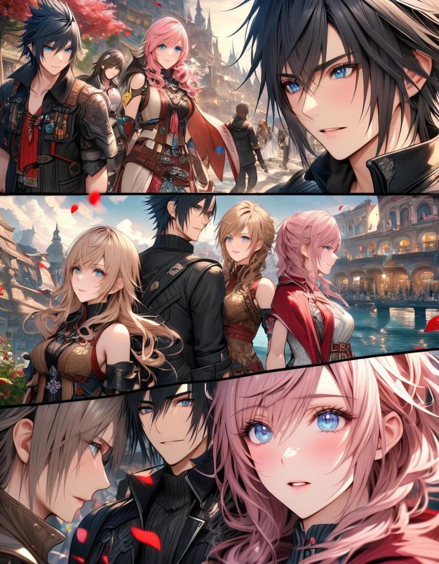 Ultra detailed, HDR, Highres, absurdres, master piece, Claire Farron, wavy pink short hair, expressive aqua pale eyes, Lightning Farron, Final Fantasy XIII, Noctis Lucis Caelum, black hair, expressive blue eyes, Final Fantasy XV, a beautiful woman together with a handsome man, couple, love, magical city, fantasy, magical, white feathers, red petals, best quality, white and black clothes with patterns, red cape