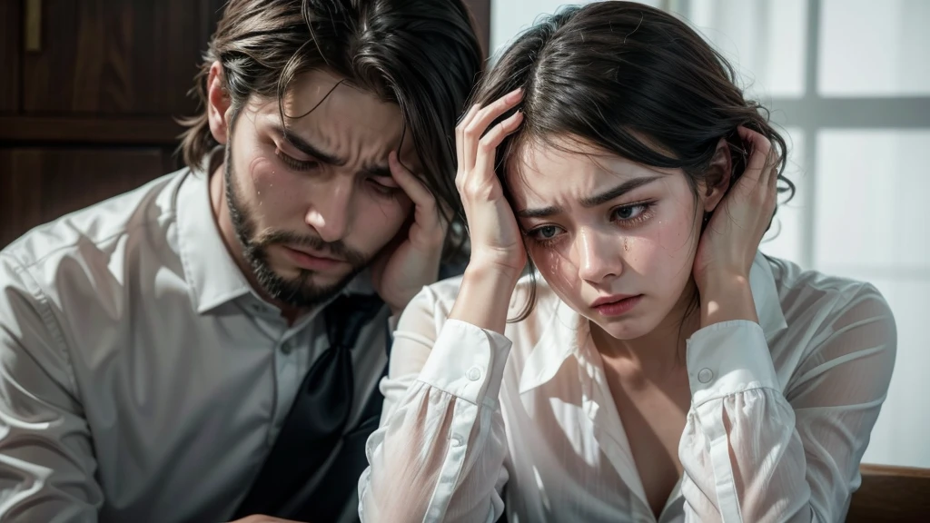 woman in the room sad crying with both hands on her head and crying, She is wearing formal clothes and far from her there is a man with a beard and short hair, well dressed with a very sad face and watery eyes he is feeling pain