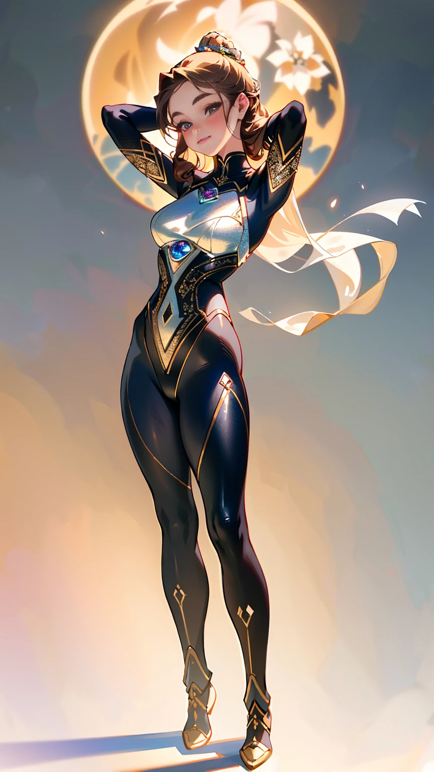 (((full body photo))) (Realistic:1.3), (Fine Detail), Quality, (Masterpiece:1.2), (Realistic:1.2), (Best Quality), (Detailed Skin:1.3), (Intricate Detail), Ray Tracing, 1 Girl, 21 years old, Irish cute girl, (Hands behind head: 1.3), Full Body Portrait,, Pearlescent yoga pants:1.5, Camel toes: 1.5, (Body painting: 1.1)