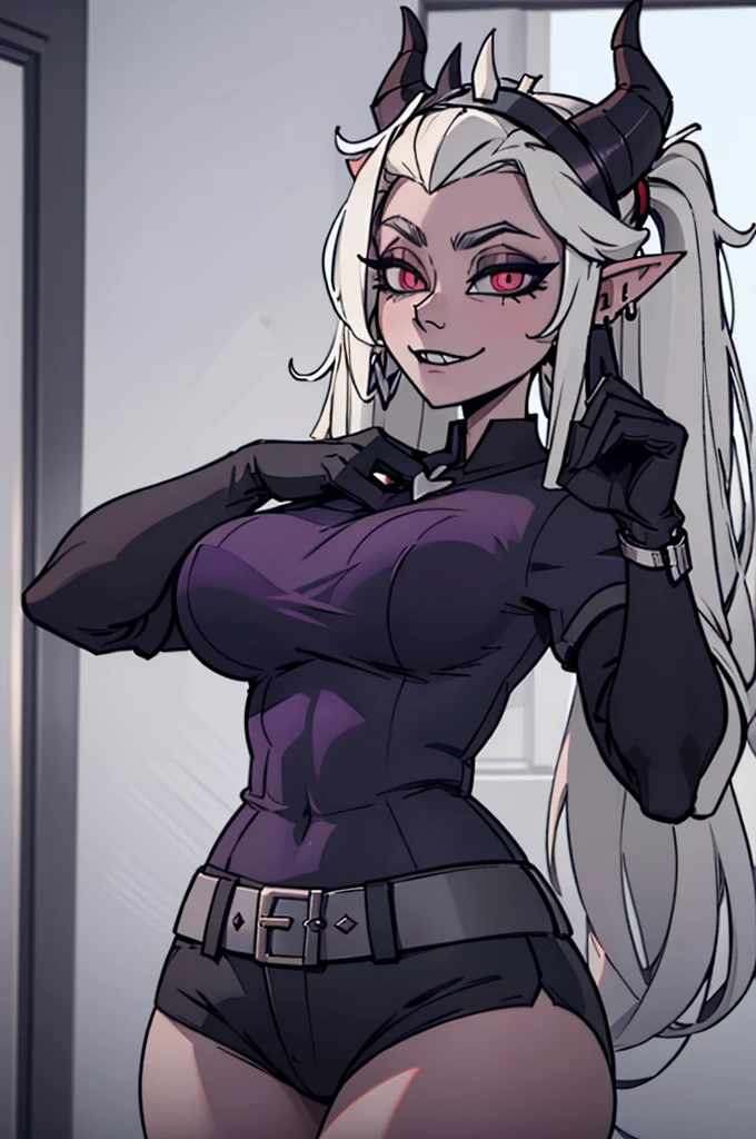 ((Best quality)), ((masterpiece)), (detailed), perfect face dark purple skin, dark elf with purple skin, White hair, Red eyes, athletic build, ideal figure, medium breasts, Miniature figure, translucent fabric