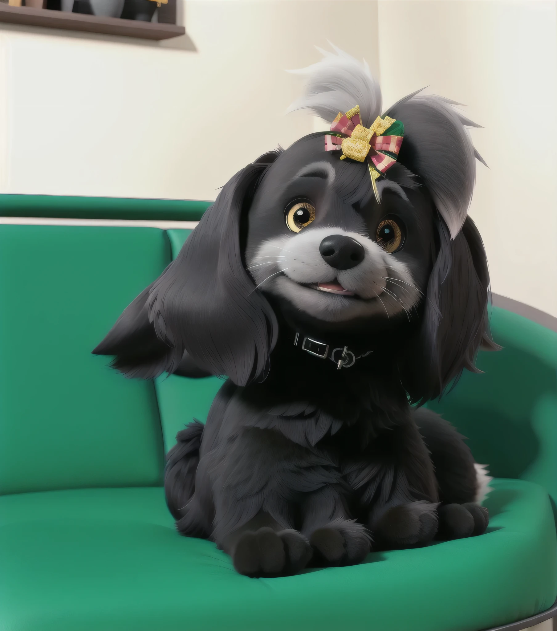 black dog, round black eyes, bow on her head, sitting on a gray cushion, in the background a pet shop