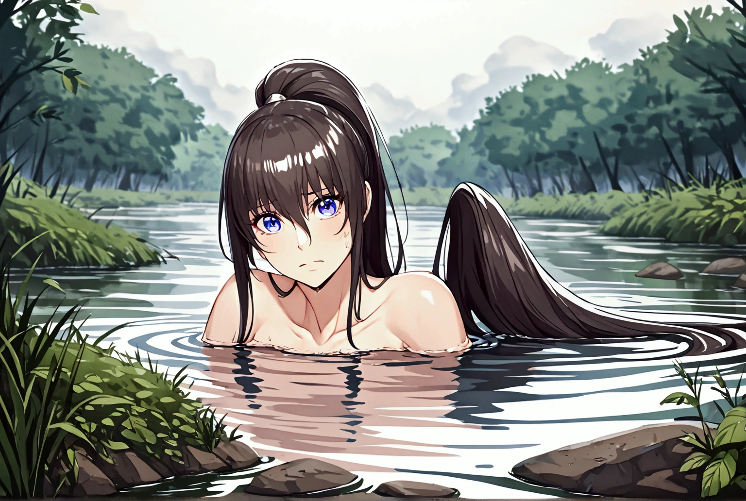 cute dog girl, nsfw, (((showering in a waterfall))), ((nude)), (((holding breasts))), (((hand covering crotch))), ((very embarrassed)), (((((happy expression))))), (((grey eyes))), (standing), ((((uncomfortable pose)))), (((focal point))), ((((full body shot)))), ((dynamic angle)), (((long hair))), (black hair, wet and shiny), (dog ears), (dog tail), (black dog collar), ((detailed water droplets, sunlight filtering through trees)), ((dynamic and beautiful lighting)), BREAK, masterpiece, UHD, detailed and high quality, serene atmosphere, vibrant colors, flowing water, detailed background, intricate details, natural beauty