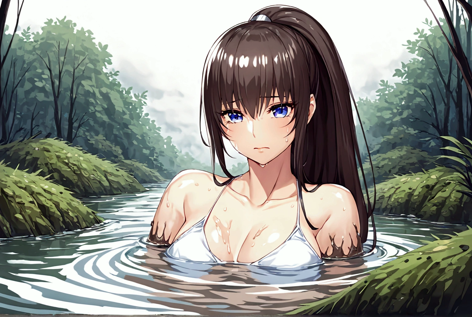 Woman drowning in a swamp,Muddy River, riverbed, cloudy, Uneasy atmosphere,Painful face,ponytail,