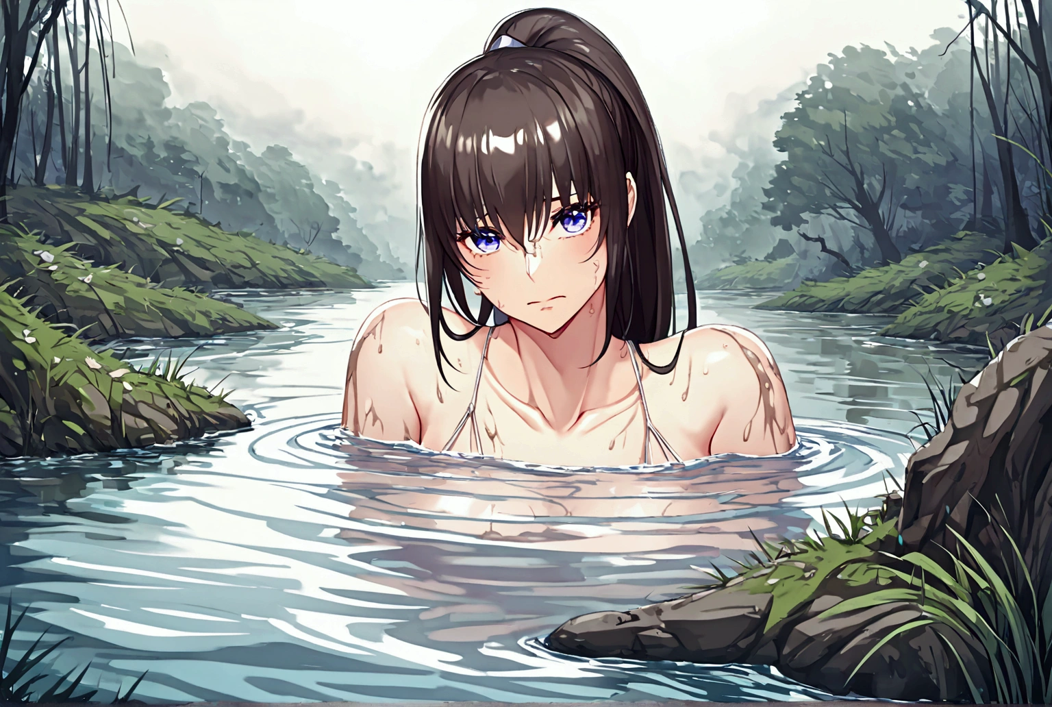 Woman drowning in a swamp,Muddy River, riverbed, cloudy, Uneasy atmosphere,Painful face,ponytail,