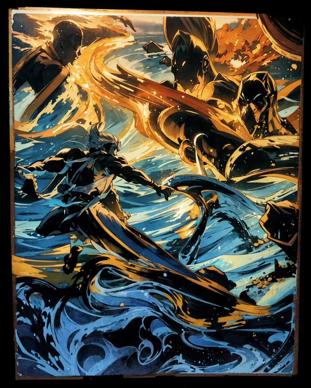 There are two martial arts characters confronting each other in the picture，In the middle left of the picture, the hero is standing on the sea practicing martial arts with his left arm broken.，In the middle right of the picture, the side face of a classic long-haired beauty is floating in the air.。turbulent weather，terrain changes，The colors are distinct and blended，Clear changes in light and shadow，Silky smooth and delicate watercolor painting