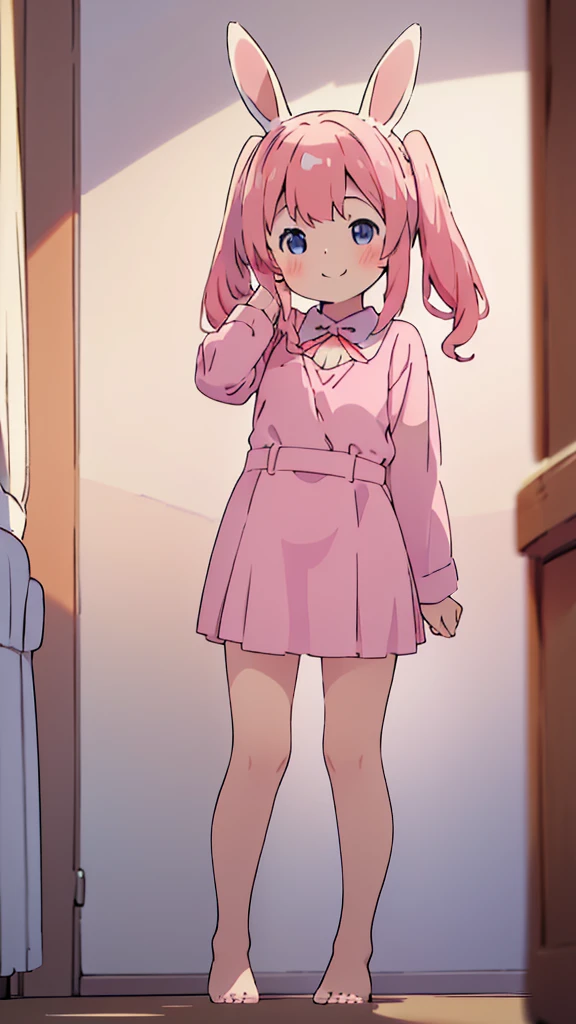 ((masterpiece))((Highest quality))Rabbit Ears、girl、smile、blush、Flat Chest、Are thin、Pink Hair、blush、Are standing、Whole body image、Even your toes are visible、Eye level on face、front、No background、Rabbit Pose、真frontのアングル、Pigtails、uniform
