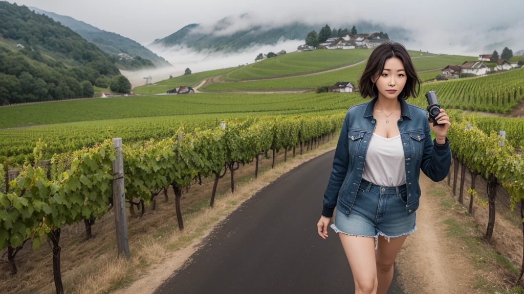 Woman in a beautiful landscape 8K highest quality, Beautiful 36-year-old Korean woman, Chest size 34 inches, Passing through the vineyards in the Swiss countryside, the cathedral is visible through the early morning fog., The back background is realistic and vivid image quality, short medium hair, Casual and British - (summer jacket) ,Perfect and realistic photos, The background is realistic. Full body shot with Canon camera 16-35 wide angle lens, expressionless, Walking up a vineyard hill covered in thick fog., Looking at the front camera
