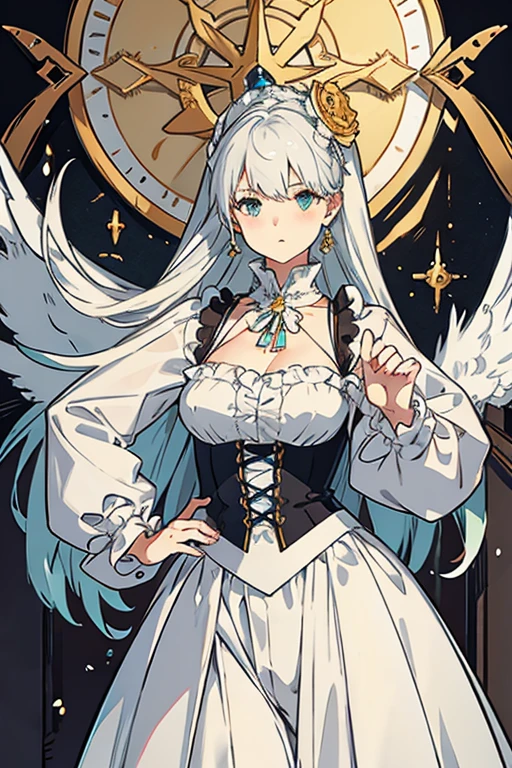 (of the highest quality、16k、Masterpiece、ultra high resolution、victorian era、photorealistic:1.2)、A delicate girl with platinum white hair loose and long to her hips., the girl's eyes are yellow, 20-year-old woman lying in her bed at dusk, surrounded by diamonds and a completely black cat with purple eyes accompanies her. Her platinum hair is messy., framing its androgynous charm. She wears a flowing white dress reaching her knees., with blue decorations .. A subtle smile plays on his lips., Your skin shines with the moon with an ultra-dense texture., and his fingers are full and detailed.