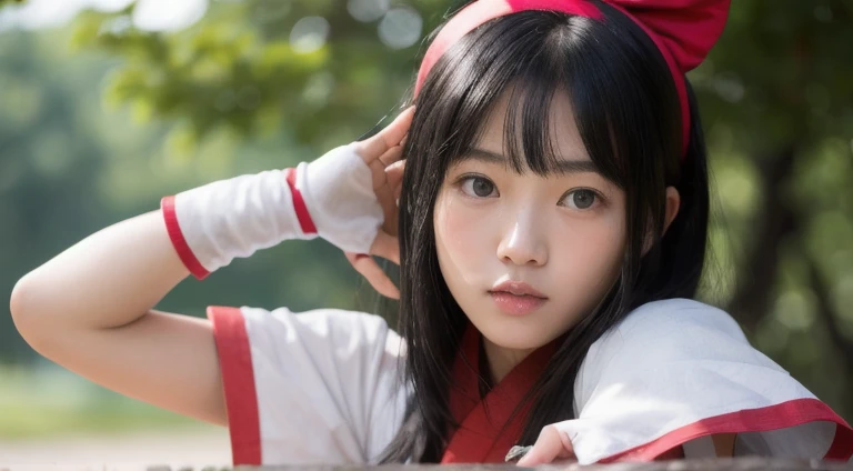 nakorurums, red bow, bow, red hairband, hairband, hair fringe, long hair, ainu clothes, fingerless gloves, short sleeves, kunoichi, katana zero video game character, amaterasu, skin pores texture, cute, wrinkled skin, sharp, 15 years old, (Asian girl:1.2), (Realistic hair:1.2), (realistic eyes:1.2), (Beauty face:1.3), (detailed face and eyes):1.2, (freckles:0.5), perfect body, perfect hands, perfect face, perfect eyes, (((full body))), Best quality, ultra highres, (realistic, photo-realistic:1.33), (8k, RAW photo, best quality, masterpiece:1.2), wide shot, 135mm, Canon, UHD, textured skin, super detail, high details, high quality, best quality, highres, 16k