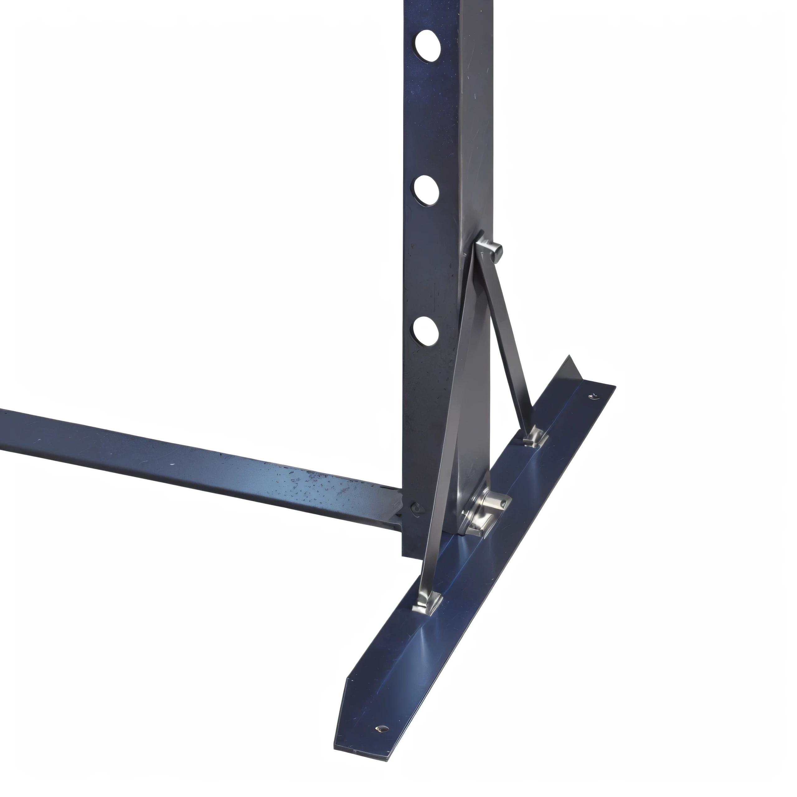 Close-up of a metal frame with metal bars attached, elevation view, tilted 35° frame, pillar, Tilt frame, Side close-up view, Top angle view, Bottom Angle, product photo, Side View Close-up of the Haggard, Battle Station, Iron frame, Standing sideways, top view, Side View,unbelievably realistic