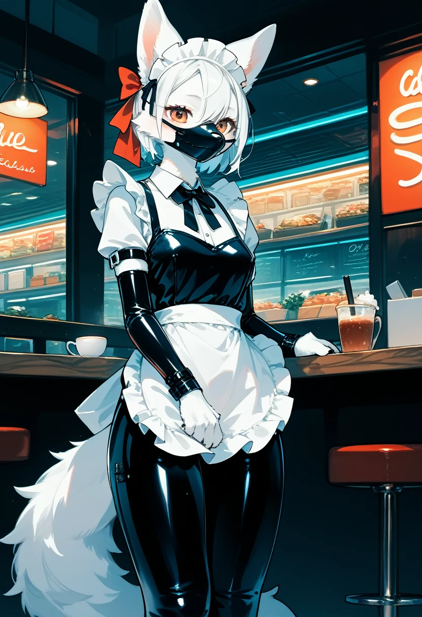 Highest quality, Highest quality, High quality illustrations, masterpiece, Ultra-high resolution, Detailed Background, Cafe, Absurd, Perfect Anatomy, performance, Good lighting, Shadows in the movies(kemono, Furry Personifi猫ion), White Skin, Rubber suit, Rubber suit, latex, neon, neonライト, neonカラー, Rubber maid outfit, ribbon, Rubber mask